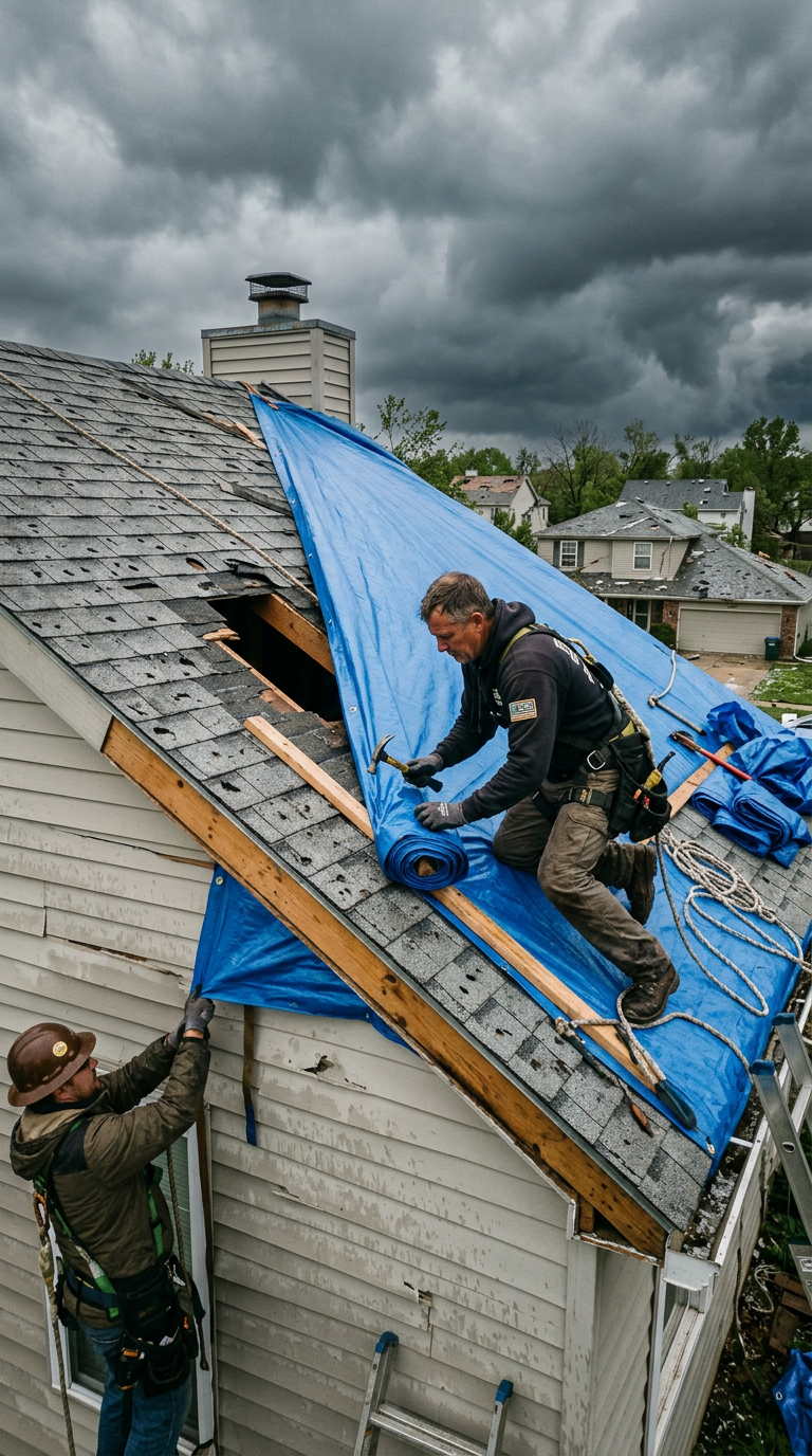Emergency storm damage roof repair in Missouri